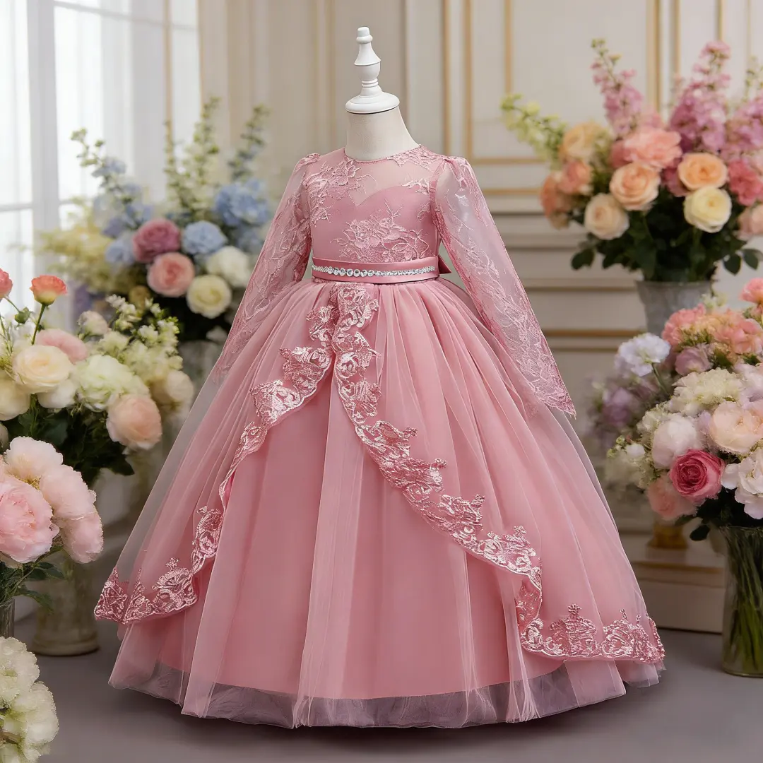 Girls' 2301 Sequins Mesh Fabric Dress Up Gown - Crew Neck, Floral Print, Birthday Clothes for Junior Host Piano Performance Banquet Evening Events