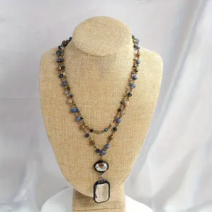 Spring and summer new fashion tribal style 2-layer natural stone crystal glass chain necklace square glass pendant necklace for men and women daily wear