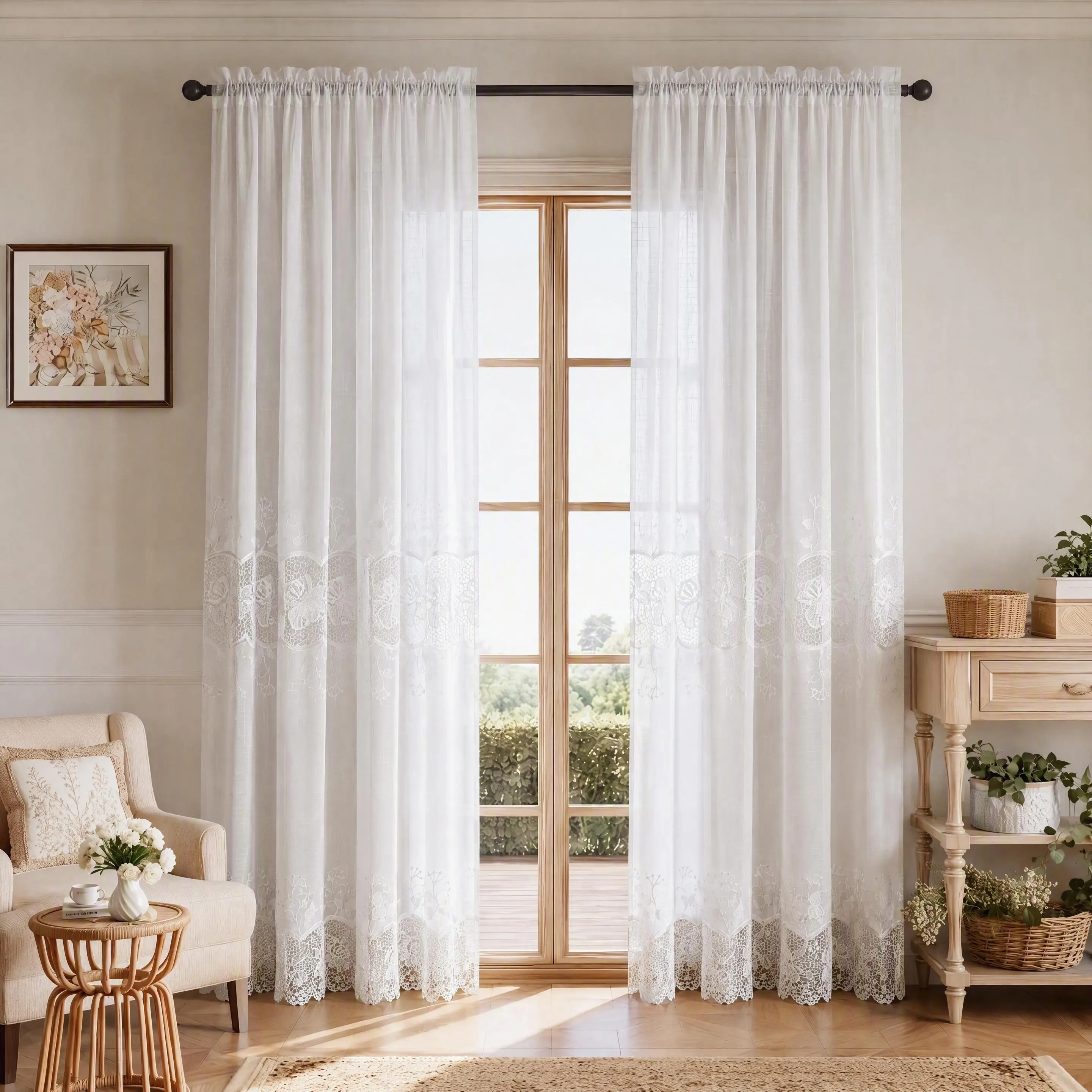 2 Panels 52"x84" Water Soluble Lace Embroidery Rod Pocket Sheer Curtains, Double-Side Wide Floral Lace Trim Textured Voile, Elegant Vintage Light Filtering Privacy Window Drapes for Boho Cottage Farmhouse Bedroom Living Room Decorr FT555