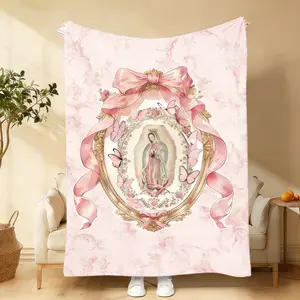 Our Lady of Guadalupe Pink Bow Frame Flannel Blanket Super Soft Warm Cozy Throw for Bed Sofa Travel Ideal Gift for Feminine Catholic Fans girlfriend colorful design kakashi bratz polyester fabric cute sloth pattern blanket Raising couple Pink Bow blanket