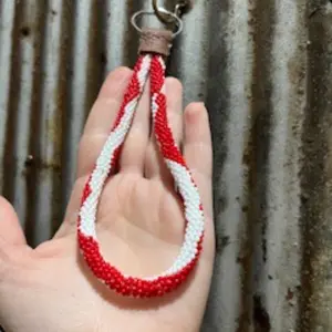 Red and White Hand Made Beaded Lanyard Keychain - Crafted with Red and White Beads for Unique Style