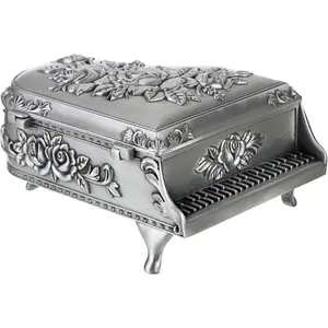 Vintage Piano Box, Silver Wind Up Musical Jewelry Box Keepsake Box, Small Trinket Jewelry Box Gift for Girl (Tune: You are My Sunshine)