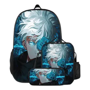 Jujutsu Kaisen Gojo Anime Backpack Kit: 17” Lightweight Design with Top Handle & Side Pockets + Thermal Food Carrier + Abrasion-Resistant Utility Pouch