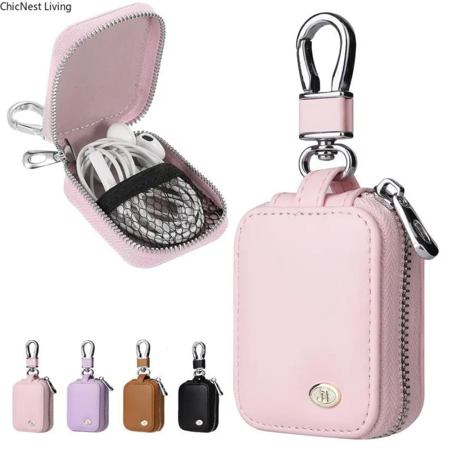 PU Leather Portable Headphone Accessories Case with Metal Keyclip - Durable Shockproof Secure Hold Organizer for AirPods, Travel-Friendly Clip-On Charm for Keys, Protection, Small Earbuds, Charging, Travel Safe, Commute, Fabric, Lightweight, Small Buds