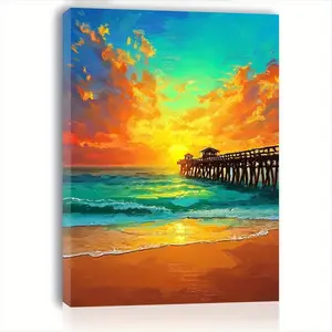 2D Flat, 1 Piece Coastal Pier Sunset Painting - Wooden Frame Canvas Wall Art, Dusk Wave Landscape, Turquoise Blue, Golden Yellow and Orange Pink Tone Decoration, Suitable for Living Room/Bedroom/Kitchen - Housewarming Gift for Women/Men (/30x 40cm ) - Ind