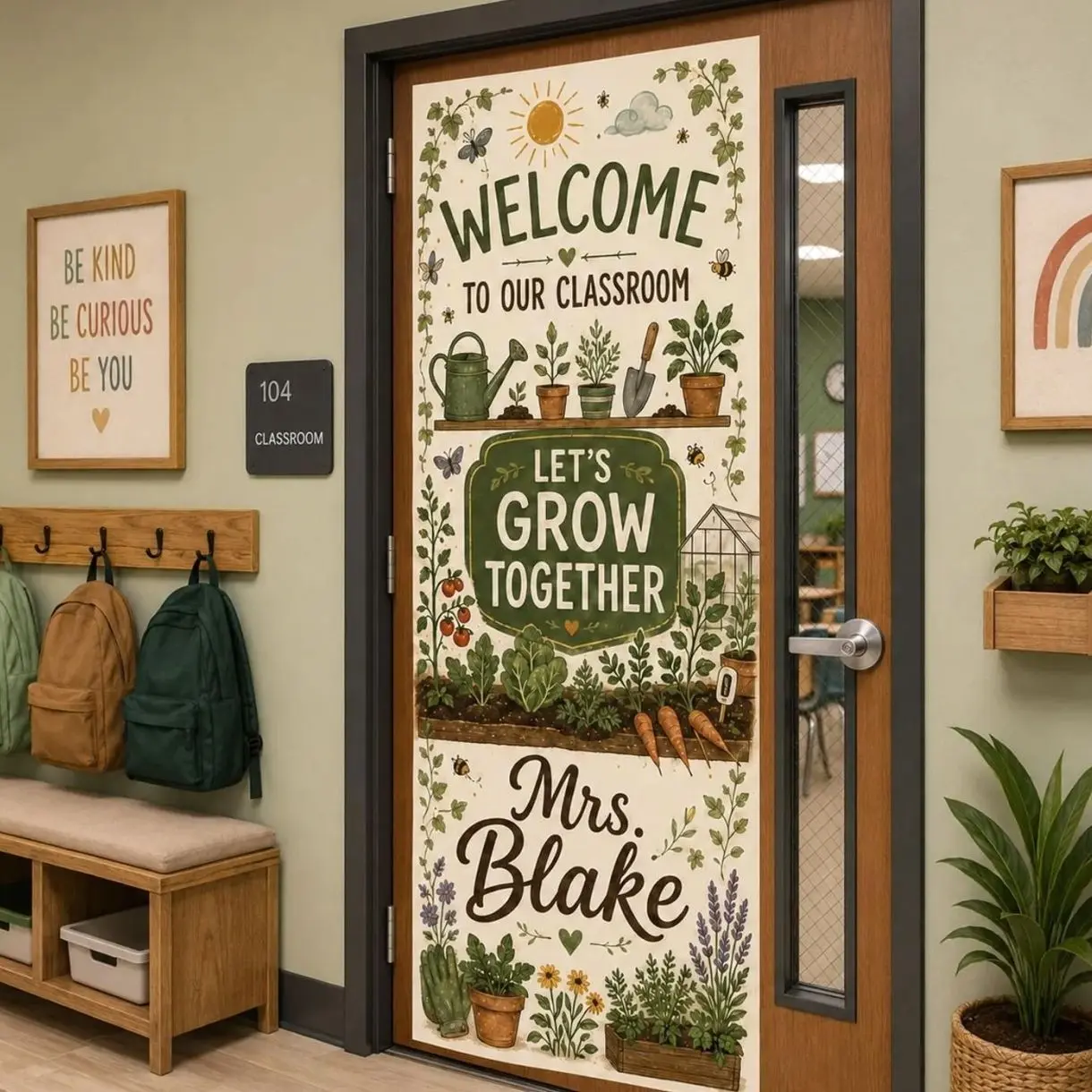 Personalized Garden Classroom Door Tapestry, Botanical Teacher Welcome Banner