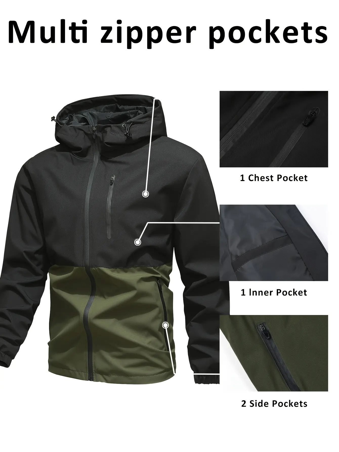 Men's hooded waterproof windbreaker jacket, sewn with zipper chest pocket, drawstring hooded elastic cuffs, lightweight outdoor technical clothing, streetwear jacket