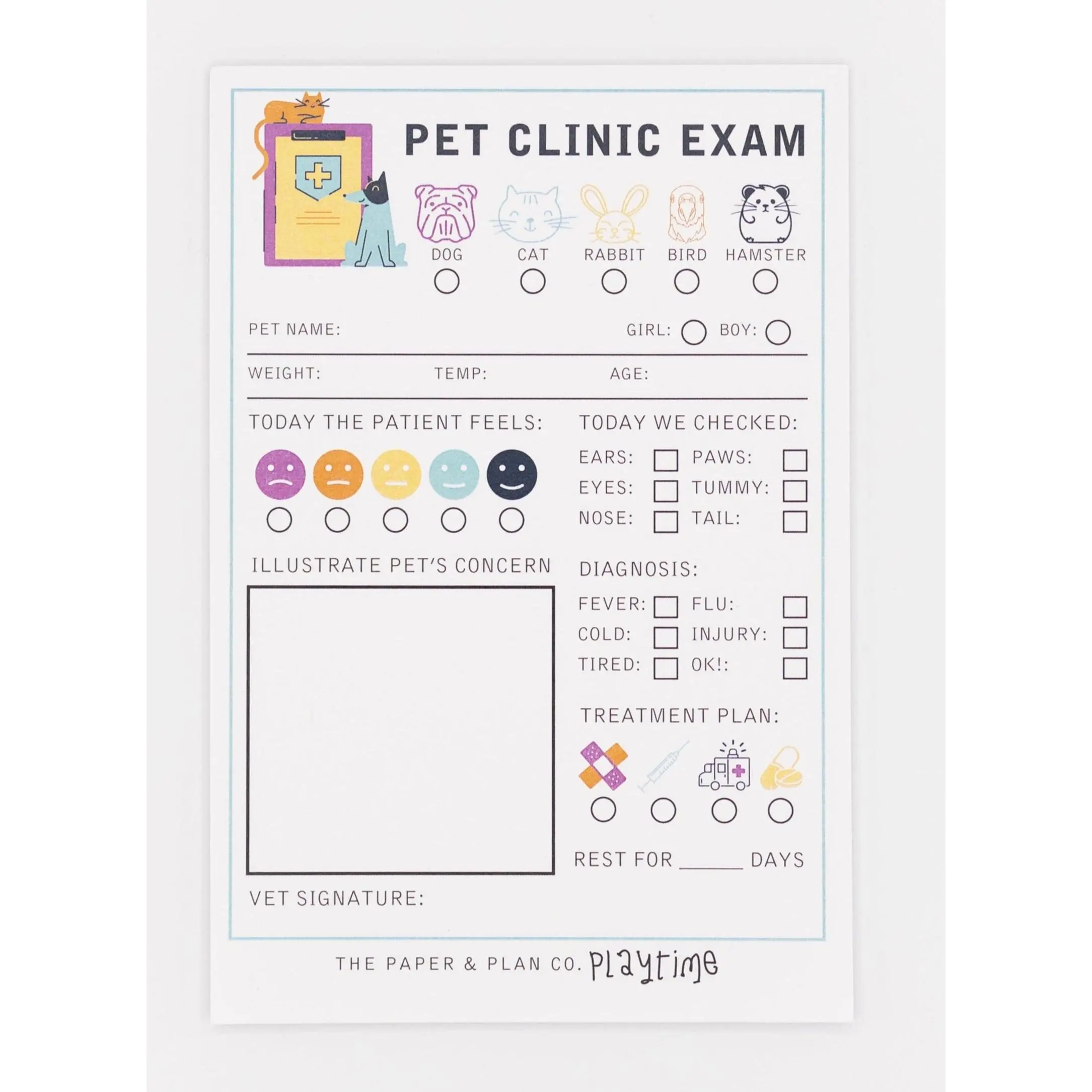 Pet Clinic Playtime Pads for Pretend Play 4"x6" Notepad with 50 Sheets for Kids' Imagination Made in the USA