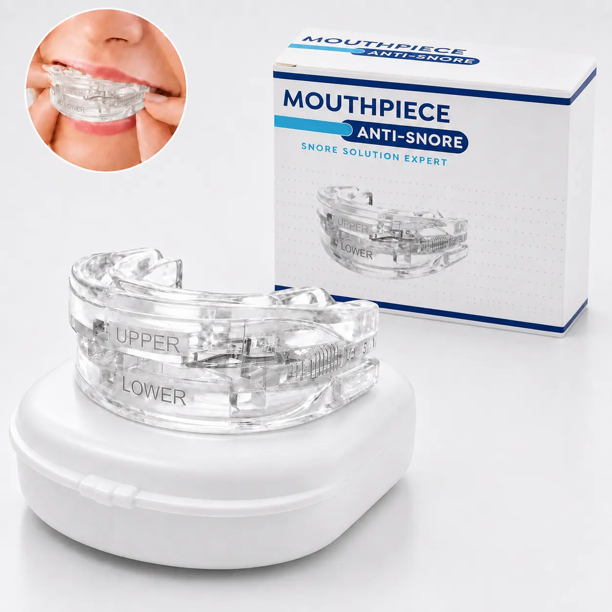 Adjustable Anti-Snore Mouthpiece for Adults - Custom Bite-and-Fit Night Guard with 1-10 Precision Adjustment, Teeth Grinding Protection, Upper & Lower Guides, Reusable Design, Travel Storage Case