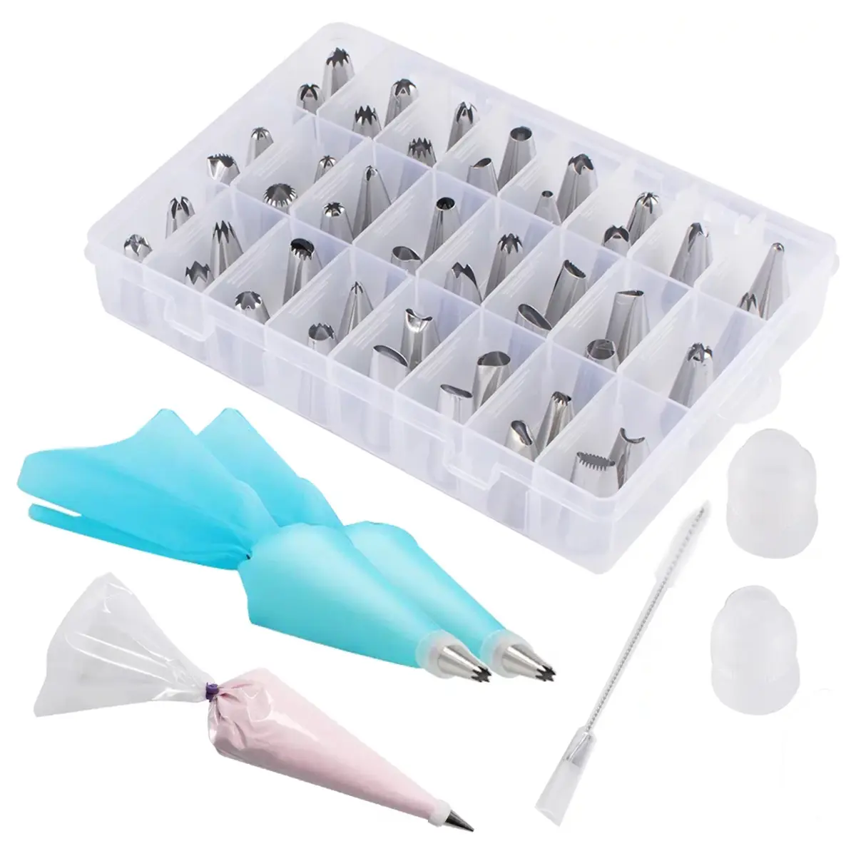63 Counts Piping Bag and Tips Set, 48 Counts Decorating Piping Tips with 2 Connectors, 1 Cleaning Brush, 2 Pastry Bags and 10 Ice Bags with Storage Box Cake Decorating Tip Supplies Kit Cupcake Cookie Baking Tool