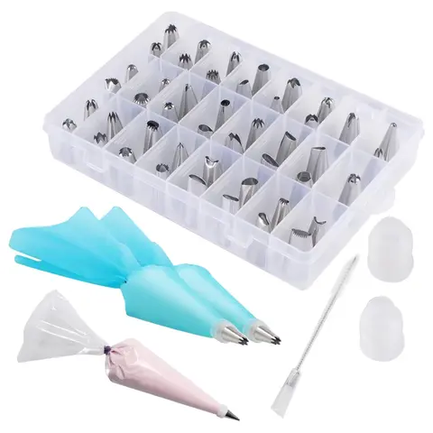 63-Count BPA-Free Reusable Bakeware Pastry Decorating Piping Kit - Multi Pattern Nozzles, 48 Shape Tips, 2 Connectors, 1 Cleaning Brush, 2 Holders, 10 Piping Bags, Rust Resistant Tips & Storage Box for Safe Baking