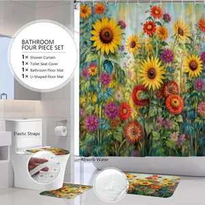 4Pcs Spring Sunflower Shower Curtain Set with Non Slip Rugs, Toilet Lid Cover and U-Shape Bath Mat,  Bathroom Decor Spring Bathroom Set,SunflowerShower Curtains with 12 Hooks