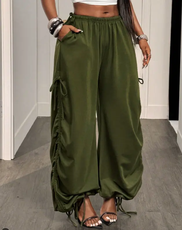 Rachel Tucker New Street Fashion Casual Sports Pants, Four-Season Women's Wide-Leg Sweatpants, With Elastic Waistb School Army Green Summer