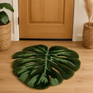 Multi-shade Green Monstera Rug - Soft Plush Leaf Design for Home Decor & Entryway Use