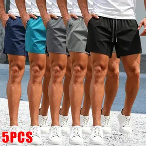 Set of 5 men’s casual athletic shorts featuring zippered pockets and drawstring; quick-dry slim fit, suitable for gym and outdoor wear; men’s shorts, summer shorts, summer vibe