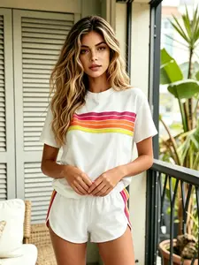 Two-piece women's fashion casual sportswear set, Loose casual sporty, loose and slim-fit with rainbow striped design, perfect for summer, vacations, indoor, and outdoor wear