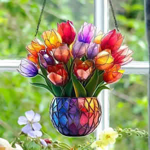 Tulip Window Hanging Basket, Colorful Flower 2D Acrylic Suncatcher, Stained Effect Flower Decor, Spring Garden Gift, Home Window Decoration