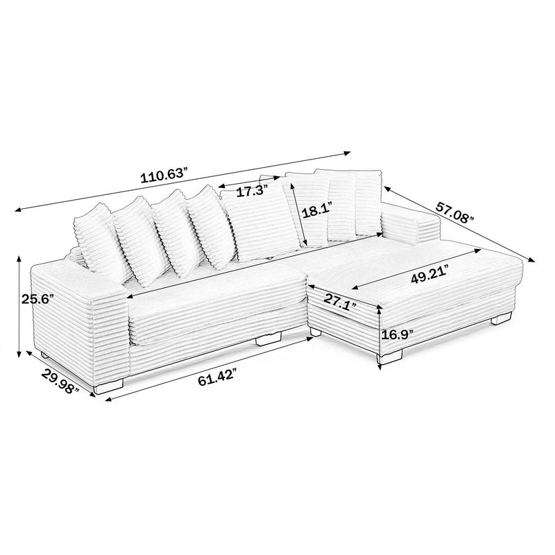 [Shipped in 3 packages] Niccae L-shaped modular sofa (LED light strip version) with ambient lighting, quilted corduroy, convertible into a bed, adjustable footstool, suitable for living rooms, apartments or home offices, self-assembly required
