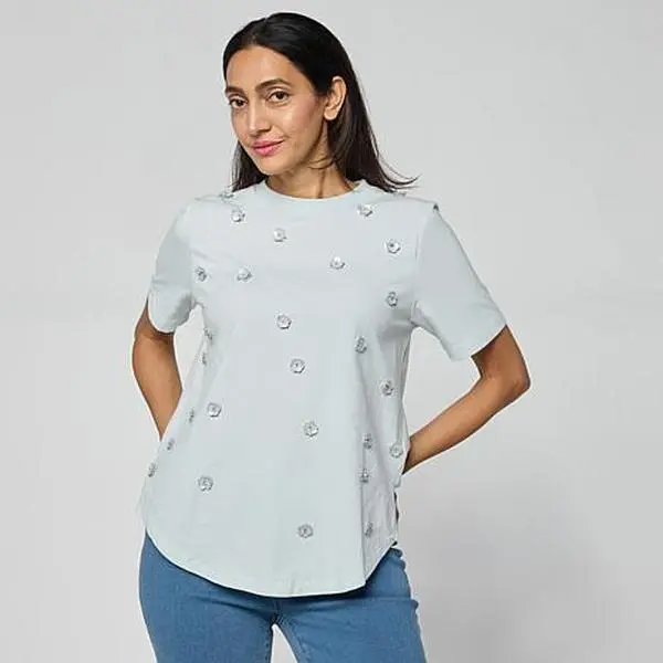 DG2 by Diane Gilman Cotton Jersey 3D Floral Embellished Tee