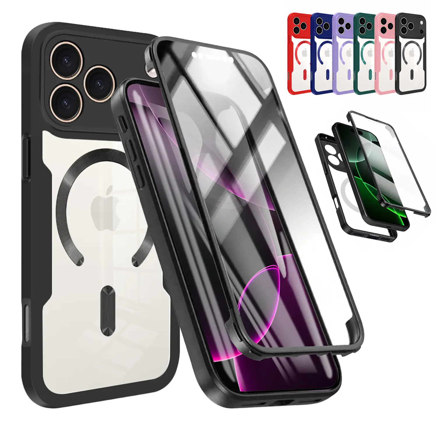 for iPhone 17 Pro Max 16 15 14 13 12 11 Case, Compatible with MagSafe, 3-in-1 with Built-in Screen Wireless Charging Protector Phone Case, Shockproof Full Body Phone case