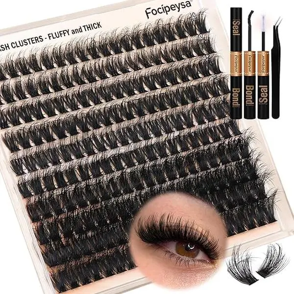 Focipeysa Lash Extension Kit - 200D Fluffy Individual Lashes, Lash Bond & Remover, Applicator - DIY Lashes Extension - Luxury, Makeup