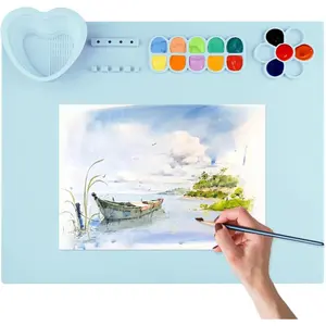 Painting Mat for Crafts :  Painting Station Pad with Cup and  Brush Holder Palette, 20"x16"  Tray Palette Craft Mats to Protect Table for Work, Art Supplies (Blue)