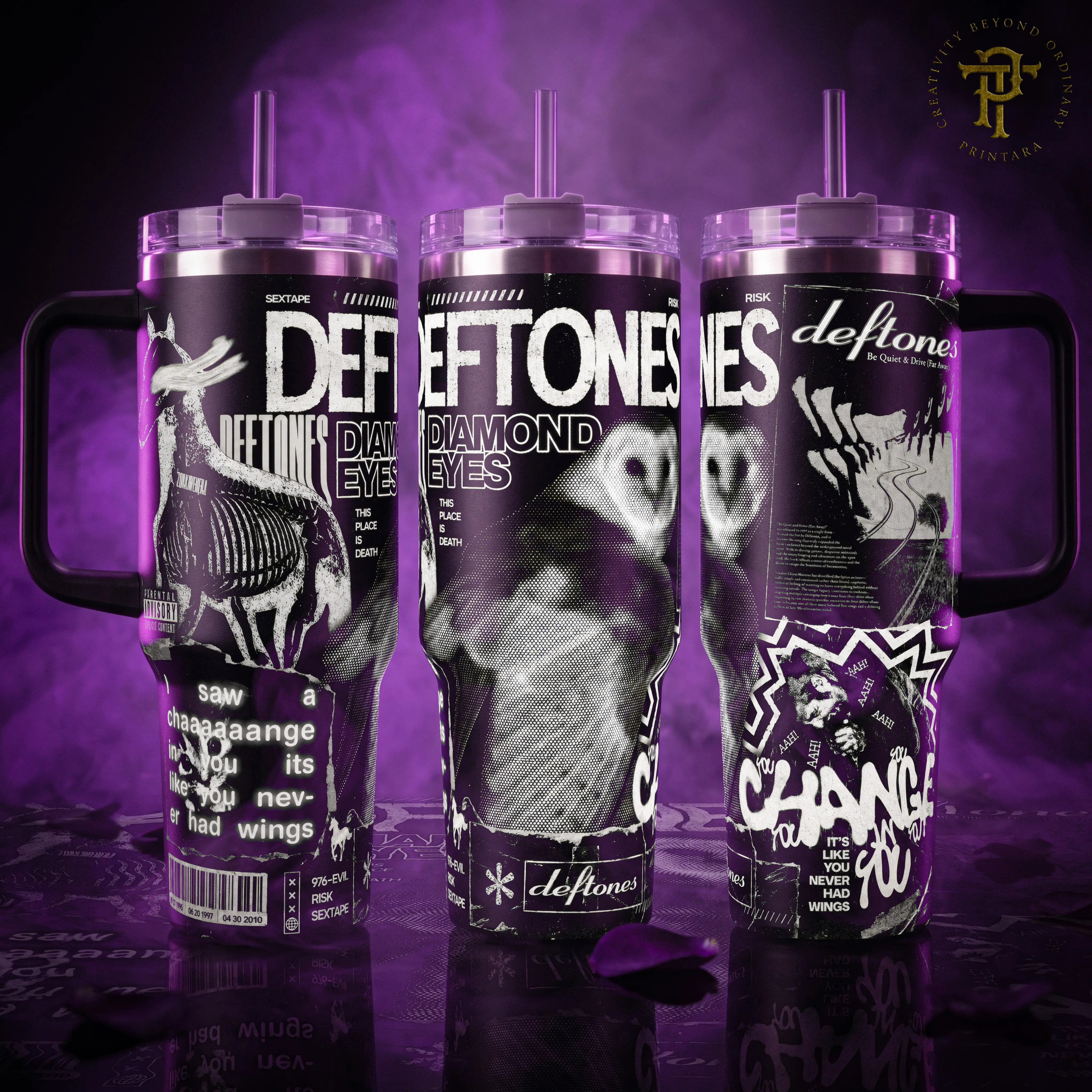 Deftones Be Quiet and Drive Change Diamond Eyes 40 20 oz Insulated Tumbler Stainless Steel Handle Straw Keeps Drinks Hot Cold Rock Metal Band Music Lovers Gift For Fans Travel Mug Vacuum Sealed Leak Proof Cup Merch