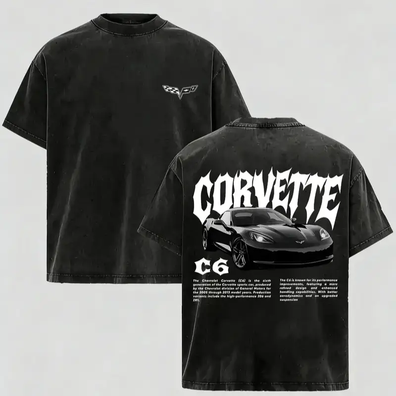 Men's Vintage Washed Corvette C6 Graphic Tee, Oversized 100% Cotton Crewneck Casual Fabric Top, Unisex Racing Car Merch, Gifts for Him