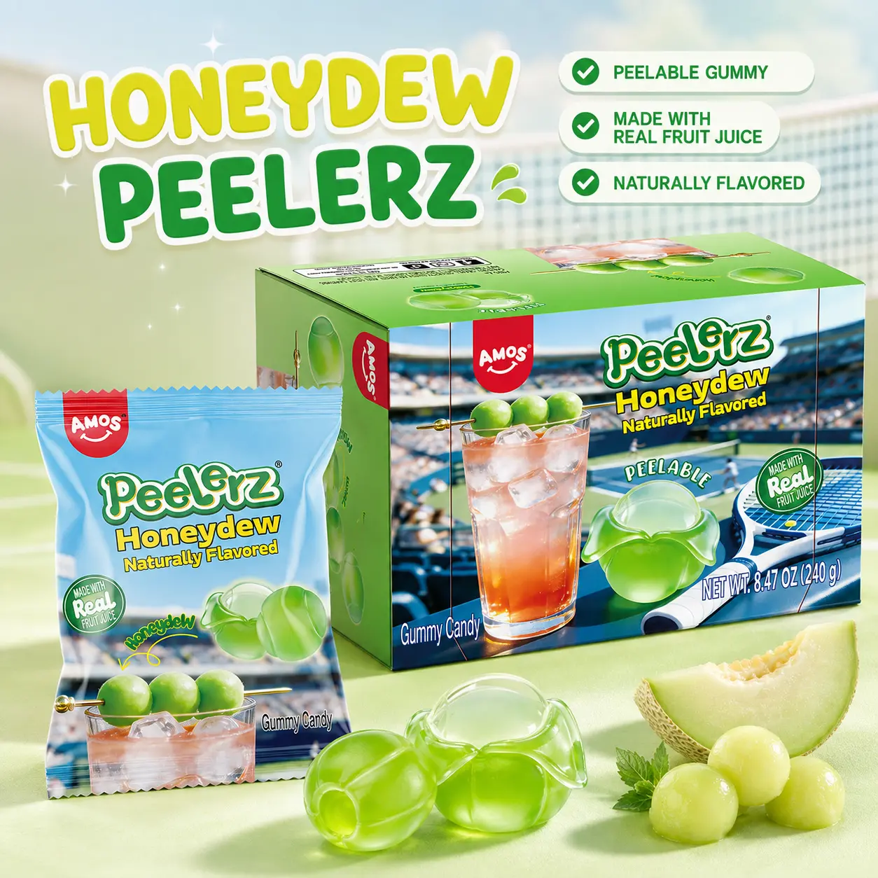 AMOS Peelerz Honeydew 240g | Gomitas Pelables Sabor Melón Verde | Con Jugo Real de Fruta | Dulces Virales y Divertidos | Nuevo Sabor para Compartir