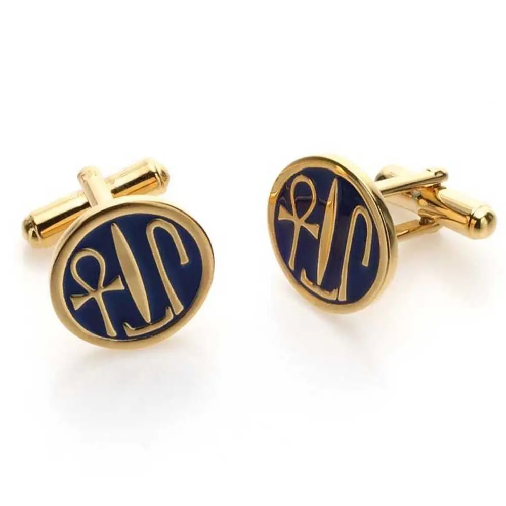 Life Health and Prosperity Egyptian Cufflinks Unisex Pewter Gold Finish Blue Epoxy 11/16 Inch Diameter Hieroglyphic Greeting