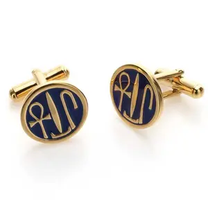 Life Health and Prosperity Egyptian Cufflinks Unisex Pewter Gold Finish Blue Epoxy 11/16 Inch Diameter Hieroglyphic Greeting