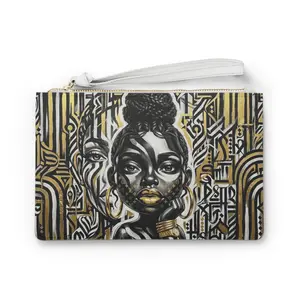 Black and Gold Clutch Bag | Afrocentric Art Wristlet | Faux Leather Evening Bag | Statement Clutch for Women