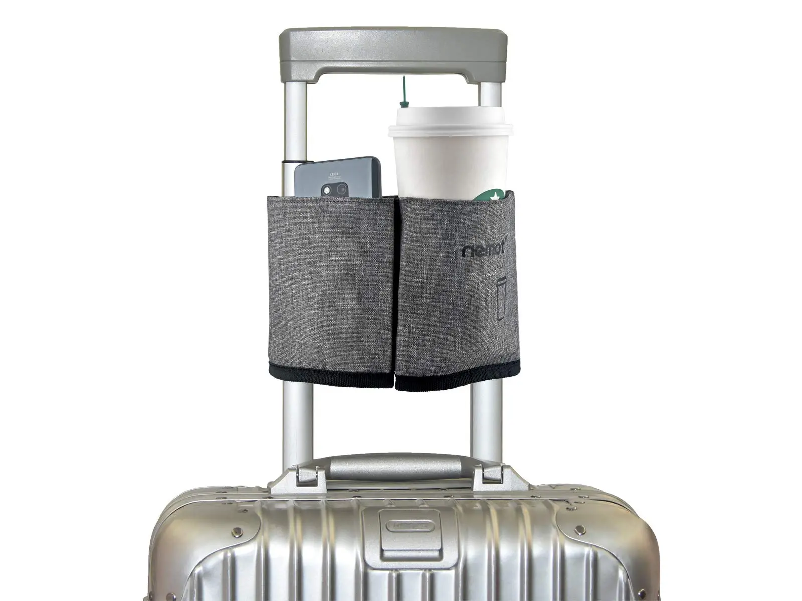 riemot Luggage Travel Cup Holder - Practical Magic Cup Carrier with Adjustable Magic Tape, 3 Pockets, Durable Fabric - Holds 2 Coffee Mugs, Fits Roll-On Suitcase Handles, Grey Travel Accessory for Travelers