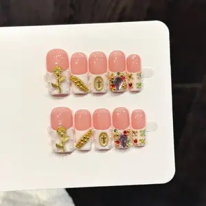 [Gold-plated Rose] Light luxury retro gold jewelry rose diamond wearing nail French cross-border foreign trade fake nails