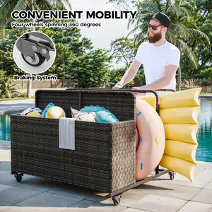 PE Rattan Pool Float Storage Caddy, Large Capacity with Rolling Wheels, Waterproof and UV-Resistant – Double Armrests for Easy Transport, Perfect for Poolside, Patio or Deck
