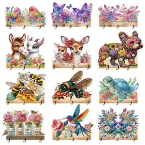 Wooden Animal DIY Diamond Painting Wall Hook Rail with 3 Hooks for Home Decor