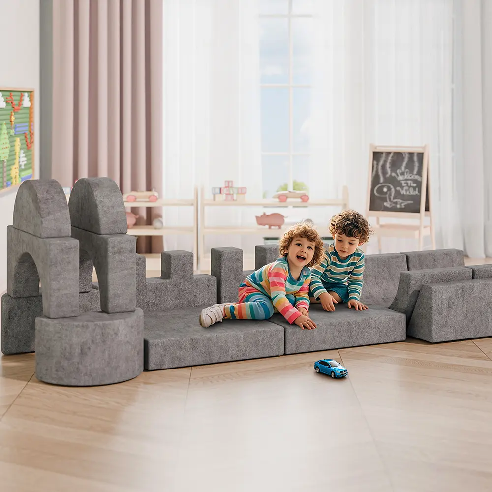 Topwin Premium 16-Piece Semi-Circular Handrail Sofa, Soft Gray - Modular Children's Play Couch for Playroom, Play Area, Bedroom, Instant Expansion, Glow-in-the-Dark Design