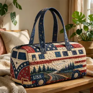 Patriotic USA Quilted Duffle Bag, American Flag Travel Bag for Weekend Trips, Carry On Overnight Tote, Vintage Camper Van Gym Bag for Women & Men