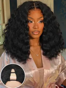 V Part Bob Wigs, Deep Wave Short V U Part Wig, No Sew in Glueless Clip in Hair Wigs, for Women, Synthetic Wavy Curly, 14 Inch Natural Looking Curly Wave