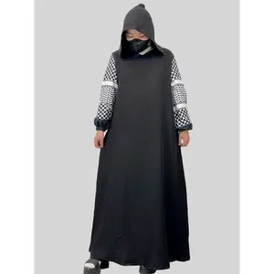 6827# Elegant Soft Linen Hooded Abaya Robe With Palestine Keffiyeh Printed Sleeve Detailing Modest Islamic Women Clothing for Ramadan