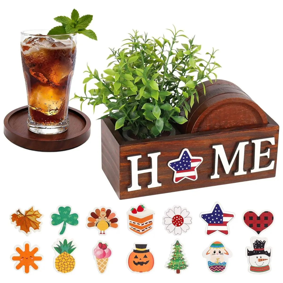 4PCS Wooden Drink Coasters with Holder – Interchangeable Home Sign Plant Decor