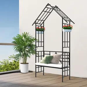Black Metal Garden Arbor Bench Trellis, 58.07 x 16.93 x 97.24 in Rectangular Outdoor Arch with Seat, Powder Coated Galvanized Steel Climbing Plant Support, 2 in 1 Bench and Flower Stand, Rust Resistant