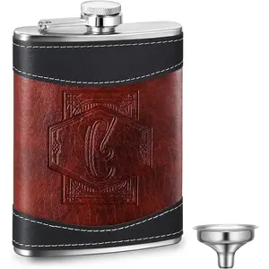 Personalized Groomsmen Flask 8 oz Leather  Flasks for  with Initials, Monogrammed Leak Proof Stainless Steel Drinking  for Men Grandpa Dad Birthday Wedding(Letter C)
