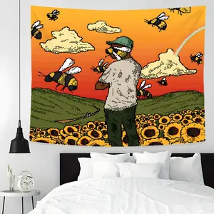 Pixel Art Sunflower Field Bee Tapestries Background Decoration Hangable Ornaments Wall Large Tapestry Wall Hanging, Multiple Sizes, Easy to Clean and Maintain. Suitable for Living rooms, Bedrooms, Homes and Parties Great Gift for friend