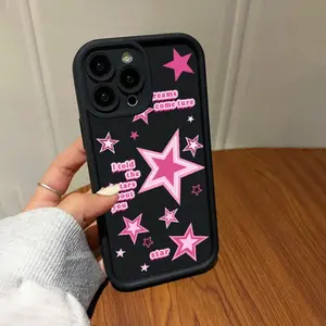 Pink Lucky Star Black TPU Case for iPhone 17 Pro Max 16 16e 15 14 Plus 13 12 Mini 11 Air X XS Straight Edge Drop-Resistant Rugged Durable Cover Shell Gift 2D printing