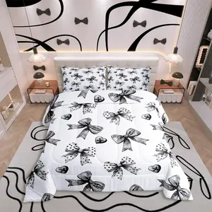 Cartoon Bow Bedding Set,Cute Princess Bows Comforter Set,for Kids Men Women Black and White Ribbon and Dots Comforter Dreamy Bowknot Duvet Insert with