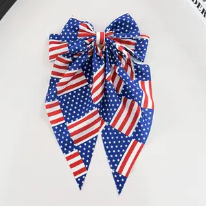 American Flag Bow Hairpin, Long Ribbon Spring Clip, Funky Unique Accessories for Women - Independence Day Holiday Party Decorative Hair Accessory