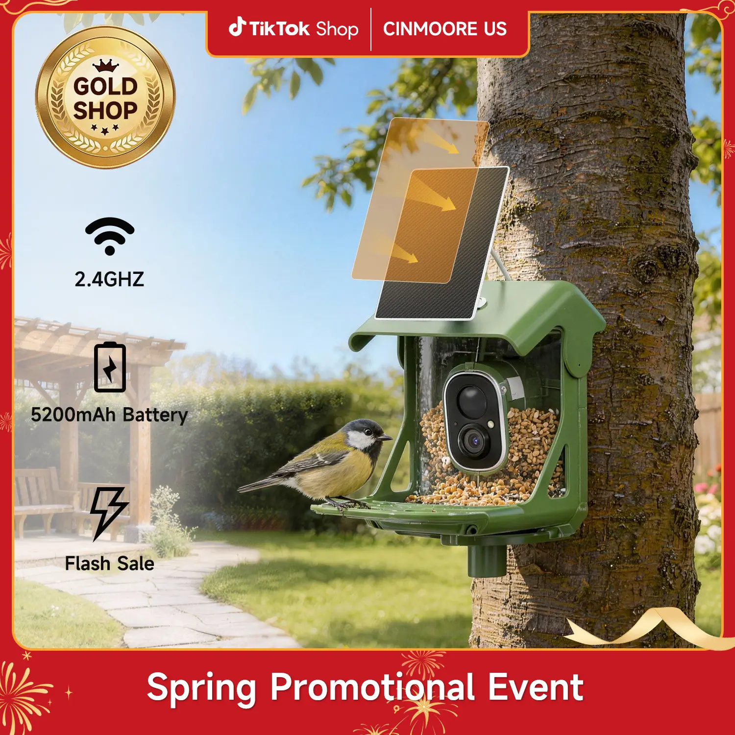 CINMOORE Smart Bird Feeder with Camera - Solar Powered, AI Bird Recognition, 2.4G WiFi 2.5K HD Video Live Stream, Full Color Night Vision, Instant Arrival Alerts, Weatherproof Bird House for Outside