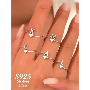 925 Sterling Silver Fashion Alphabet Design Ring, Gifts for Girlfriend, Heart Design Ring for Women & Girls, Trendy All-match & Exquisite Jewelry for Birthday Gift, Promise Ring Gf, Women Gifts