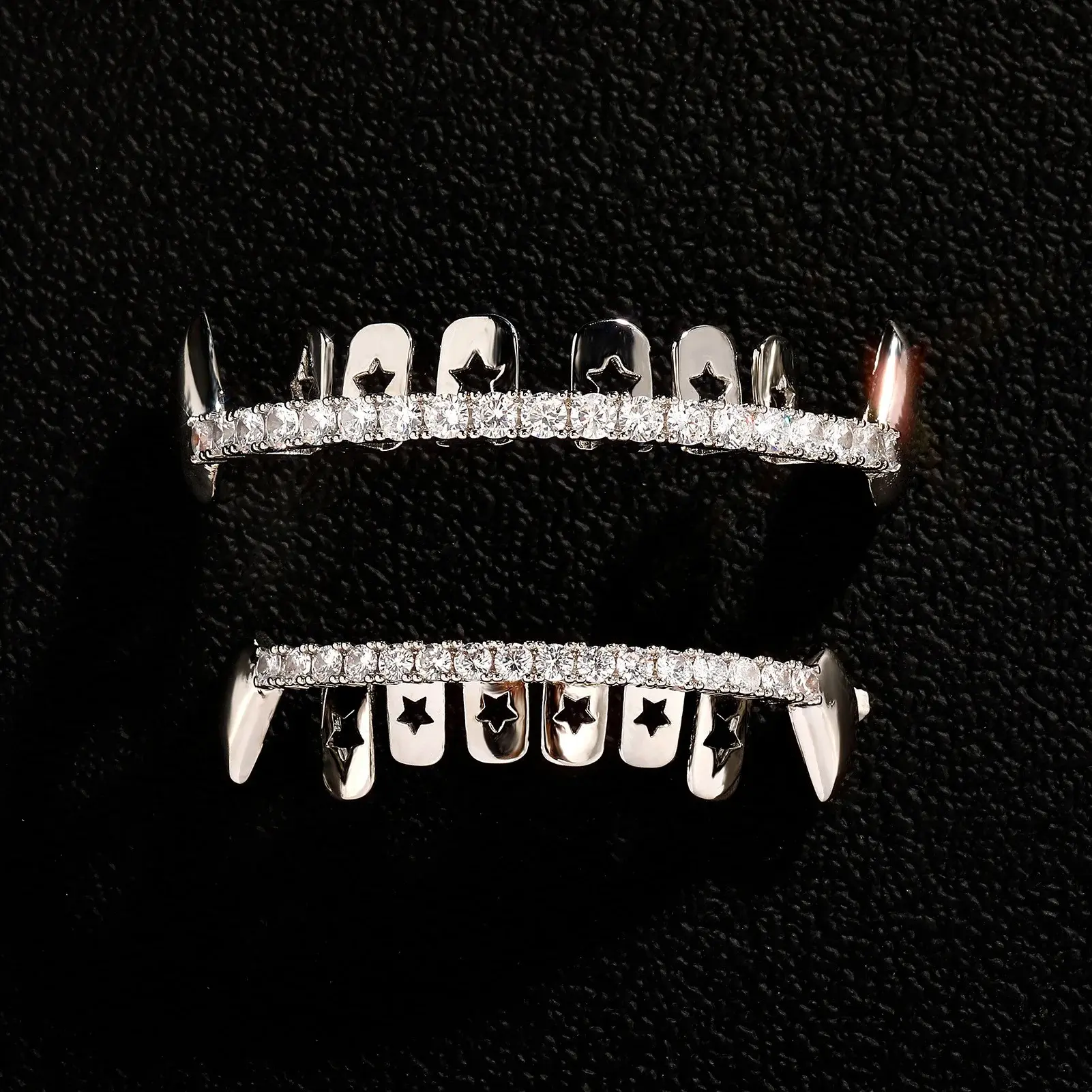 Top Bottom Double CZ Stone Teeth Grillz Fangs Hip Hop Zircon Tooth Caps For Women Men Jewelry Cosplay
